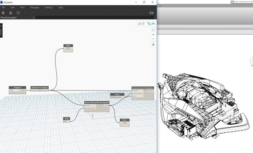 Fig. 1, 2 3, 4: Sono illustrati il modello geometrico, il Modello BIM, lo script che consente di collegare più modelli e aggiornare i contenuti e la tavola illustrante alcune sezioni. Tutto si aggiorna in modalità automatica.